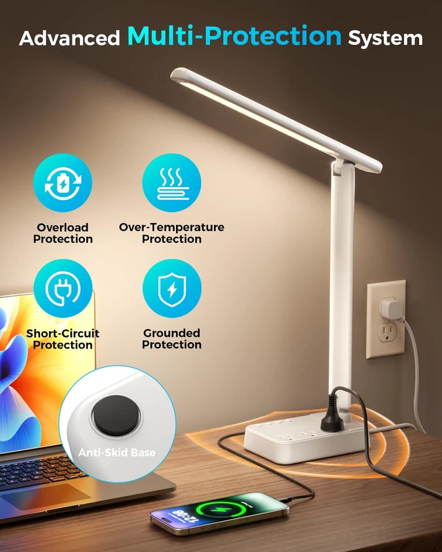 Alt view image 6 of 7 - LED Desk Lamp with Power Strip, 3 AC Outlets, 4 USB Ports, Stepless Dimming