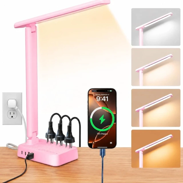 Main image of LED Desk Lamp with Power Strip, 3 AC Outlets, 4 USB Ports, Stepless Dimming | 2800K-6500K Color, 2 USB-C, Foldable Design, Timer & Memory, Study, Home Office & College Dorm