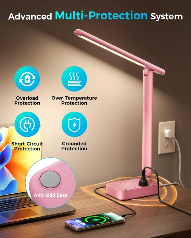 Alt view image 6 of 7 - LED Desk Lamp with Power Strip, 3 AC Outlets, 4 USB Ports, Stepless Dimming | 2800K-6500K Color, 2 USB-C, Foldable Design, Timer & Memory, Study, Home Office & College Dorm