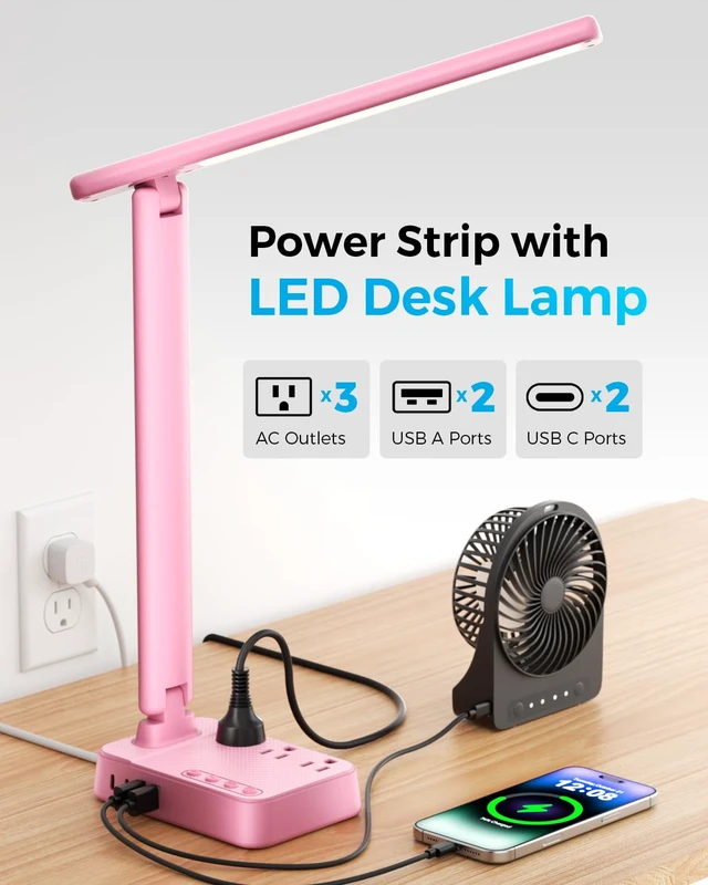 Alt view image 2 of 7 - LED Desk Lamp with Power Strip, 3 AC Outlets, 4 USB Ports, Stepless Dimming | 2800K-6500K Color, 2 USB-C, Foldable Design, Timer & Memory, Study, Home Office & College Dorm