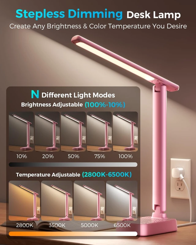 Alt view image 3 of 7 - LED Desk Lamp with Power Strip, 3 AC Outlets, 4 USB Ports, Stepless Dimming | 2800K-6500K Color, 2 USB-C, Foldable Design, Timer & Memory, Study, Home Office & College Dorm