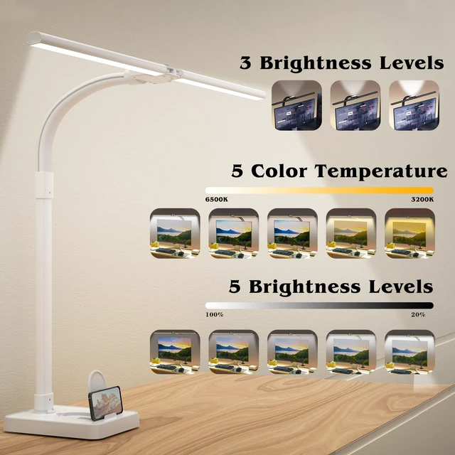 Alt view image 2 of 7 - AKRRYR Led Desk Lamp for Home Office,24W Bright Eye-Caring Desk Light with Base,5 Brightness and 5 temperatures Dimmable Workbench Task Light, Adjustable Gooseneck Table Lamp for Monitor(White)