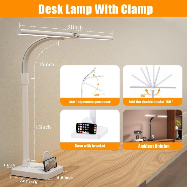 Alt view image 3 of 7 - AKRRYR Led Desk Lamp for Home Office,24W Bright Eye-Caring Desk Light with Base,5 Brightness and 5 temperatures Dimmable Workbench Task Light, Adjustable Gooseneck Table Lamp for Monitor(White)