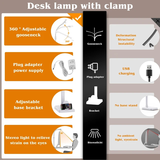 Alt view image 5 of 7 - AKRRYR Led Desk Lamp for Home Office,24W Bright Eye-Caring Desk Light with Base,5 Brightness and 5 temperatures Dimmable Workbench Task Light, Adjustable Gooseneck Table Lamp for Monitor(White)