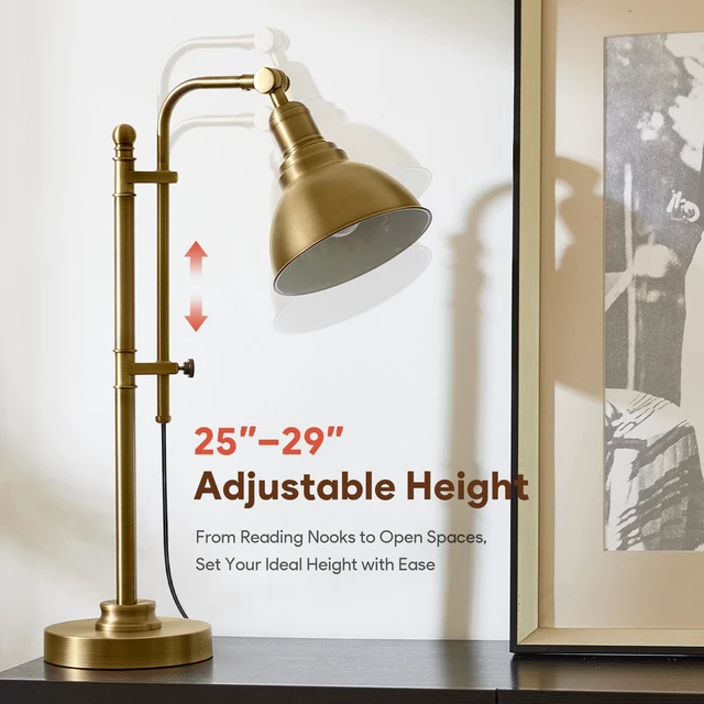 Alt view image 3 of 7 - VONLUCE Rustic Desk Lamp, Adjustable Industrial Table Lamp for Home Office | Vintage Metal Task Lamps 25"-29", Vintage Work Light, Farmhouse Reading Lamp in Brushed Brass Finish, ETL Certificate