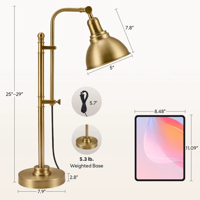 Alt view image 5 of 7 - VONLUCE Rustic Desk Lamp, Adjustable Industrial Table Lamp for Home Office | Vintage Metal Task Lamps 25"-29", Vintage Work Light, Farmhouse Reading Lamp in Brushed Brass Finish, ETL Certificate