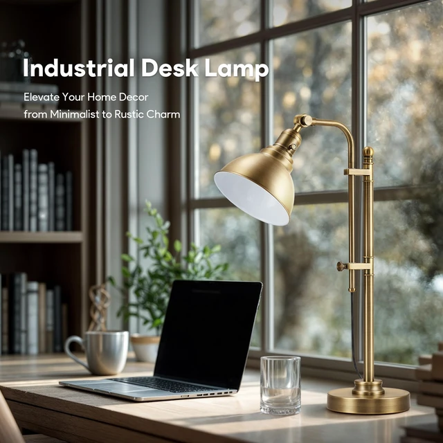Alt view image 7 of 7 - VONLUCE Rustic Desk Lamp, Adjustable Industrial Table Lamp for Home Office | Vintage Metal Task Lamps 25"-29", Vintage Work Light, Farmhouse Reading Lamp in Brushed Brass Finish, ETL Certificate