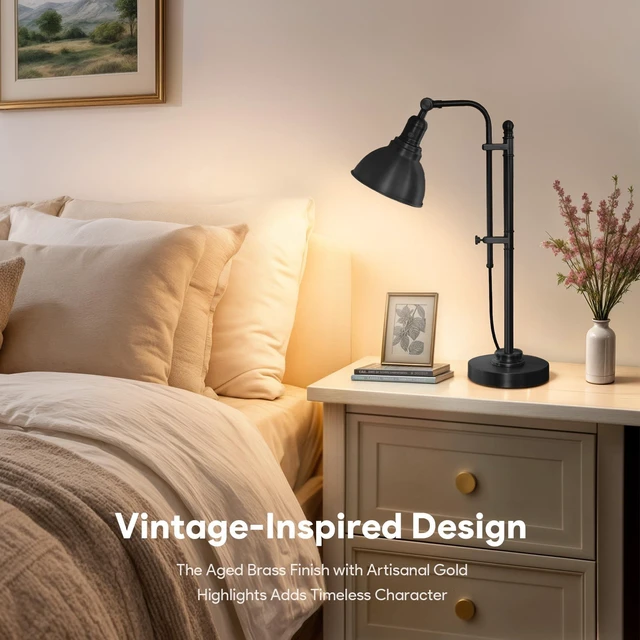 Alt view image 2 of 7 - VONLUCE Rustic Desk Lamp, Adjustable Industrial Table Lamp for Home Office | Vintage Metal Task Lamps 25"-29", Vintage Work Light, Farmhouse Reading Lamp in Black Finish, ETL Certificate