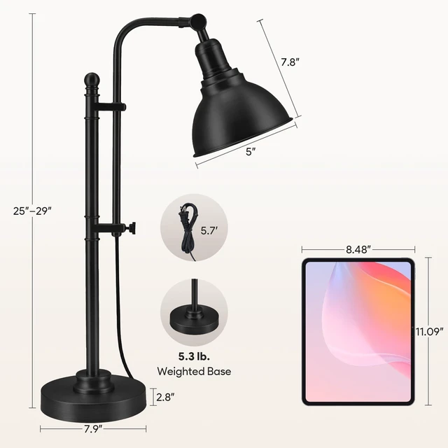 Alt view image 5 of 7 - VONLUCE Rustic Desk Lamp, Adjustable Industrial Table Lamp for Home Office | Vintage Metal Task Lamps 25"-29", Vintage Work Light, Farmhouse Reading Lamp in Black Finish, ETL Certificate