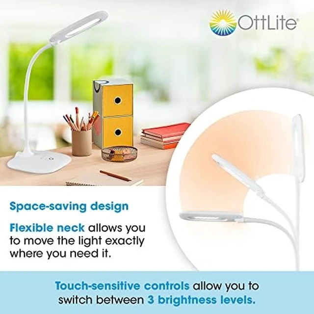 Alt view image 3 of 7 - OttLite ClearSun LED Soft Touch Desk Lamp, 3 Brightness, White | Reduces Eyestrain | CRI 95 for Color Accuracy | Flexible 13.5-Inch Rubberized Neck