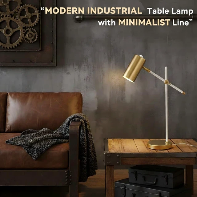 Alt view image 2 of 7 - Folux Modern White and Gold Desk Lamp with Type C Charging Port, Minimalist Industrial Table Lamp with Swing Arm, for Study Room Home Office Bedroom Bedside Nightstand
