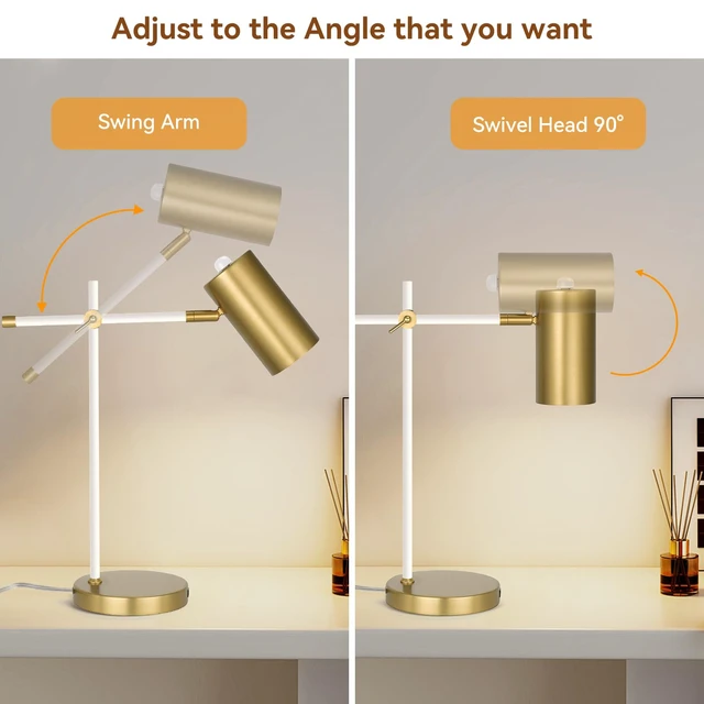 Alt view image 4 of 7 - Folux Modern White and Gold Desk Lamp with Type C Charging Port, Minimalist Industrial Table Lamp with Swing Arm, for Study Room Home Office Bedroom Bedside Nightstand