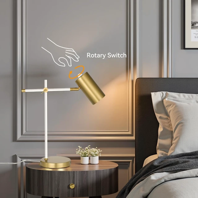 Alt view image 5 of 7 - Folux Modern White and Gold Desk Lamp with Type C Charging Port, Minimalist Industrial Table Lamp with Swing Arm, for Study Room Home Office Bedroom Bedside Nightstand