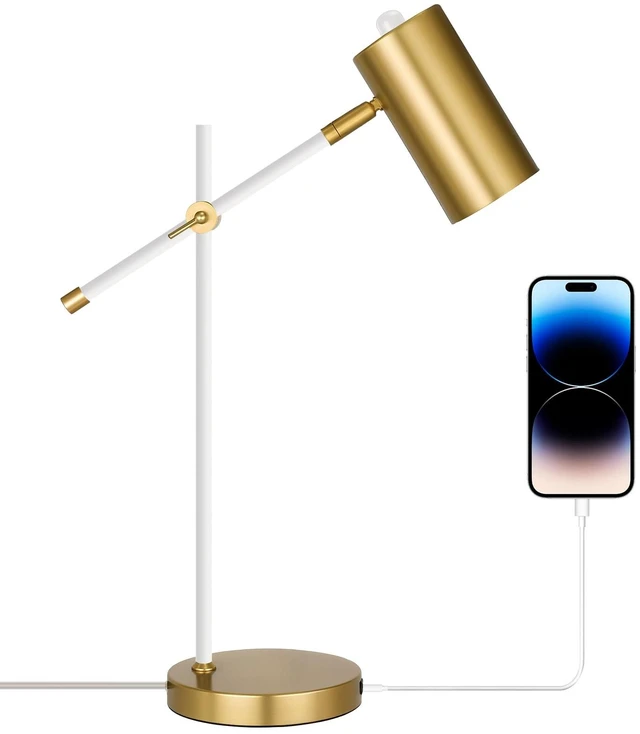 Main image of Folux Modern White and Gold Desk Lamp with Type C Charging Port, Minimalist Industrial Table Lamp with Swing Arm, for Study Room Home Office Bedroom Bedside Nightstand