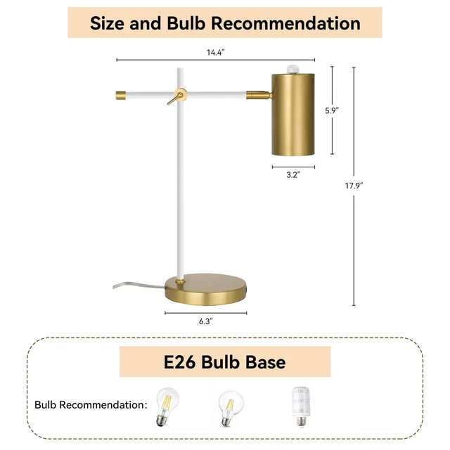 Alt view image 7 of 7 - Folux Modern White and Gold Desk Lamp with Type C Charging Port, Minimalist Industrial Table Lamp with Swing Arm, for Study Room Home Office Bedroom Bedside Nightstand
