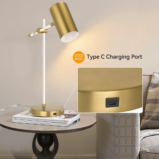 Alt view image 6 of 7 - Folux Modern White and Gold Desk Lamp with Type C Charging Port, Minimalist Industrial Table Lamp with Swing Arm, for Study Room Home Office Bedroom Bedside Nightstand