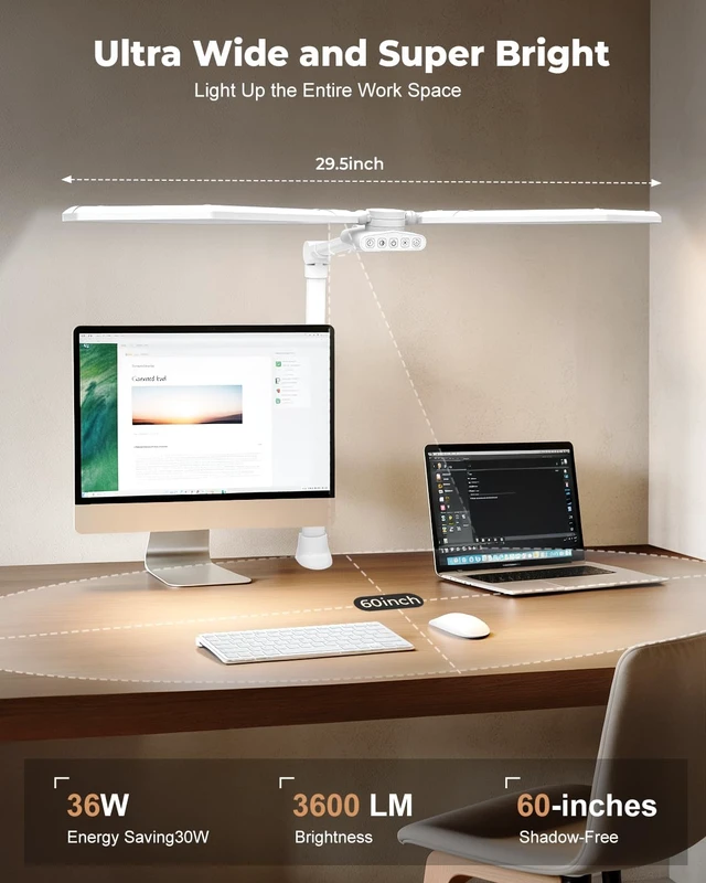 Alt view image 2 of 7 - 36W LED Desk Lamp with Clamp, Dual-Head Architect Lamp with Remote, White | Super Bright 448-LED 3600LM Work Bench Light, 2700K-6500K, Stepless Dimming Overhead Desk Light for Workbenches