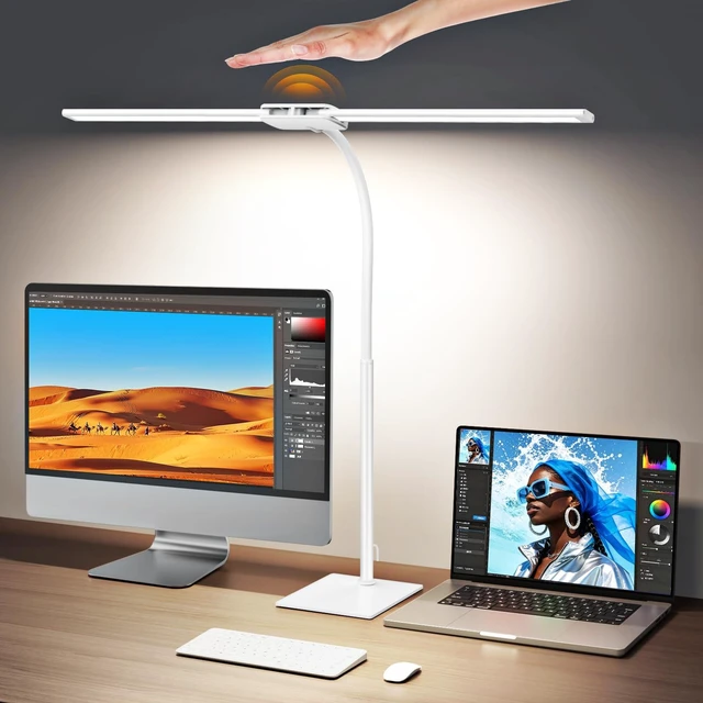 Main image of Syrinx LED Desk Lamp for Home Office, 18W 2000LM Dimmable Light, White | Focused & Wide-Area Dual-Light, 360° Gooseneck, 5 Color Temp & 10 Brightness, Flicker-Free Eye-Caring Light for Study & Craft