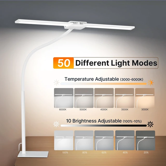 Alt view image 2 of 7 - Syrinx LED Desk Lamp for Home Office, 18W 2000LM Dimmable Light, White | Focused & Wide-Area Dual-Light, 360° Gooseneck, 5 Color Temp & 10 Brightness, Flicker-Free Eye-Caring Light for Study & Craft