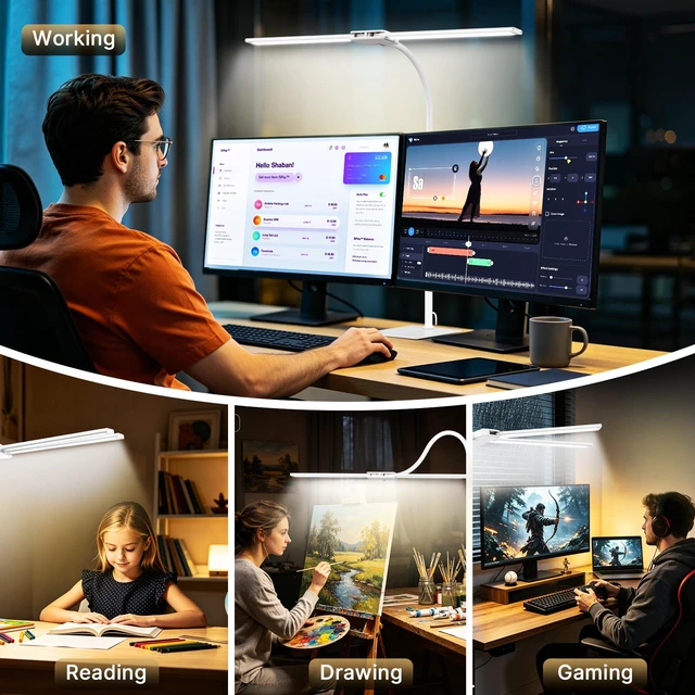 Alt view image 4 of 7 - Syrinx LED Desk Lamp for Home Office, 18W 2000LM Dimmable Light, White | Focused & Wide-Area Dual-Light, 360° Gooseneck, 5 Color Temp & 10 Brightness, Flicker-Free Eye-Caring Light for Study & Craft