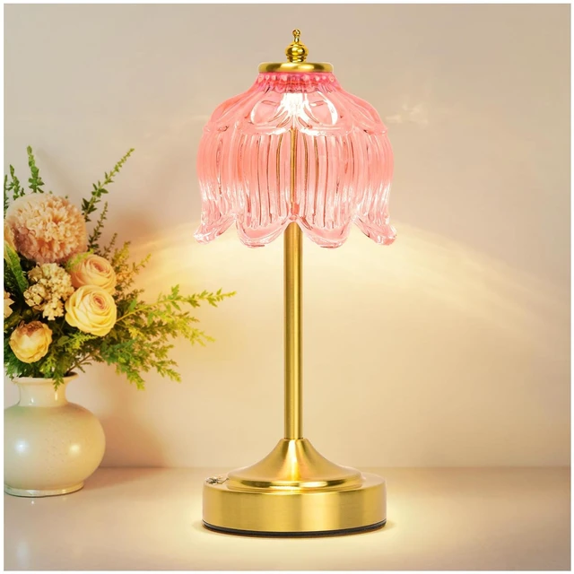 Main image of Crkwos Cordless Table Lamp, Rechargeable Pink Glass Lotus Flower Lamp | 5200mAh touch lamp with 3 color modes and stepless dimming, battery operated lamp for nightstands and kitchen counters