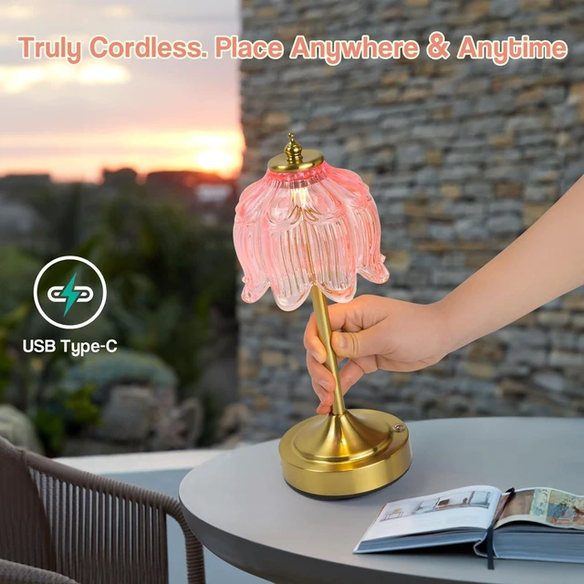 Alt view image 2 of 7 - Crkwos Cordless Table Lamp, Rechargeable Pink Glass Lotus Flower Lamp | 5200mAh touch lamp with 3 color modes and stepless dimming, battery operated lamp for nightstands and kitchen counters