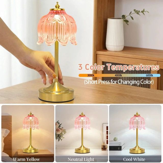 Alt view image 3 of 7 - Crkwos Cordless Table Lamp, Rechargeable Pink Glass Lotus Flower Lamp | 5200mAh touch lamp with 3 color modes and stepless dimming, battery operated lamp for nightstands and kitchen counters