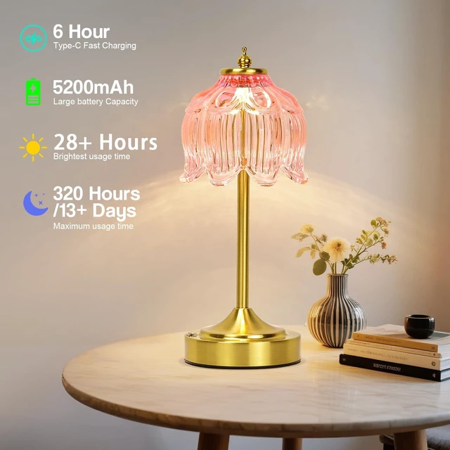 Alt view image 4 of 7 - Crkwos Cordless Table Lamp, Rechargeable Pink Glass Lotus Flower Lamp | 5200mAh touch lamp with 3 color modes and stepless dimming, battery operated lamp for nightstands and kitchen counters