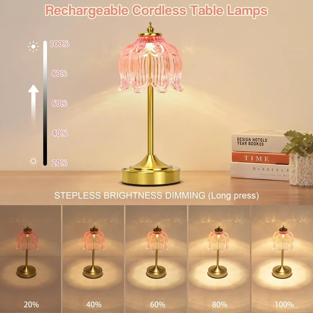 Alt view image 5 of 7 - Crkwos Cordless Table Lamp, Rechargeable Pink Glass Lotus Flower Lamp | 5200mAh touch lamp with 3 color modes and stepless dimming, battery operated lamp for nightstands and kitchen counters
