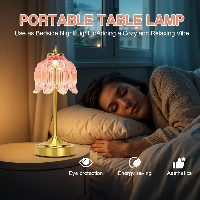 Alt view image 6 of 7 - Crkwos Cordless Table Lamp, Rechargeable Pink Glass Lotus Flower Lamp | 5200mAh touch lamp with 3 color modes and stepless dimming, battery operated lamp for nightstands and kitchen counters