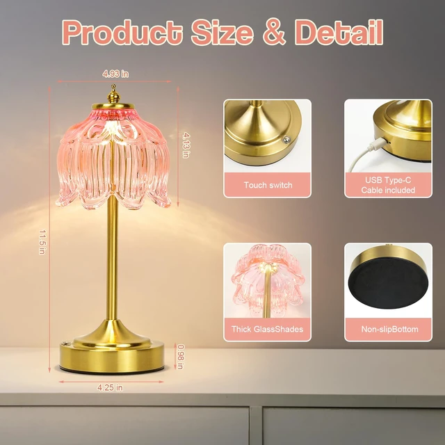 Alt view image 7 of 7 - Crkwos Cordless Table Lamp, Rechargeable Pink Glass Lotus Flower Lamp | 5200mAh touch lamp with 3 color modes and stepless dimming, battery operated lamp for nightstands and kitchen counters