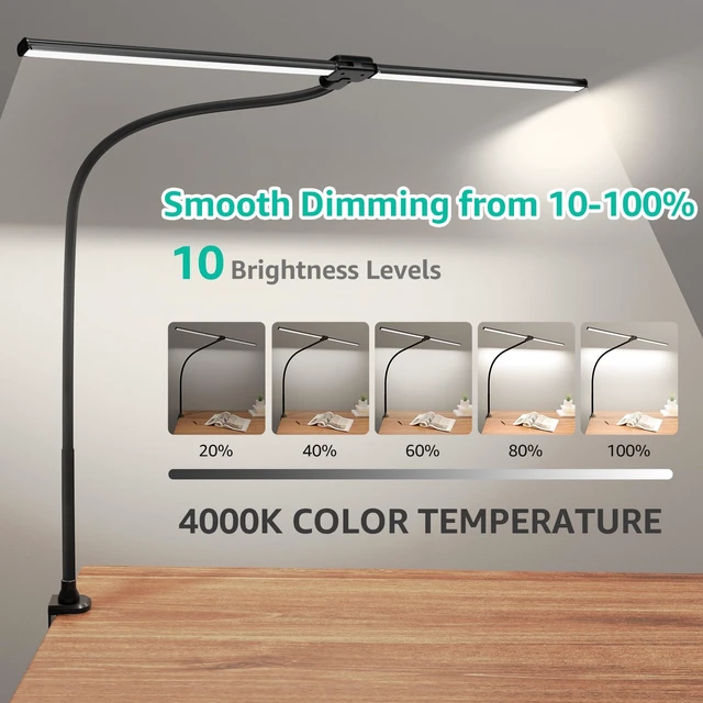 Alt view image 3 of 7 - ShineTech LED Desk Lamp for Home Office, 4000K Neutral White Double Head Architect Task Lamps with Clamp, Dimmable Adjustable Flexible,Black