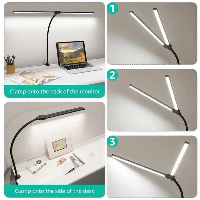 Alt view image 6 of 7 - ShineTech LED Desk Lamp for Home Office, 4000K Neutral White Double Head Architect Task Lamps with Clamp, Dimmable Adjustable Flexible,Black
