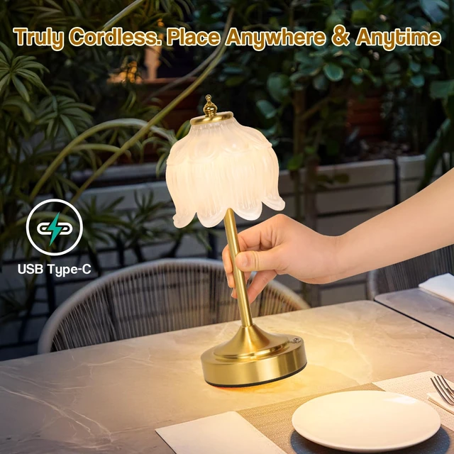 Alt view image 2 of 7 - Crkwos Cordless Table Lamp, Rechargeable White Glass Lotus Flower Lamp | 5200mAh touch lamp with 3 color modes and stepless dimming, battery operated lamp for nightstands and kitchen counters