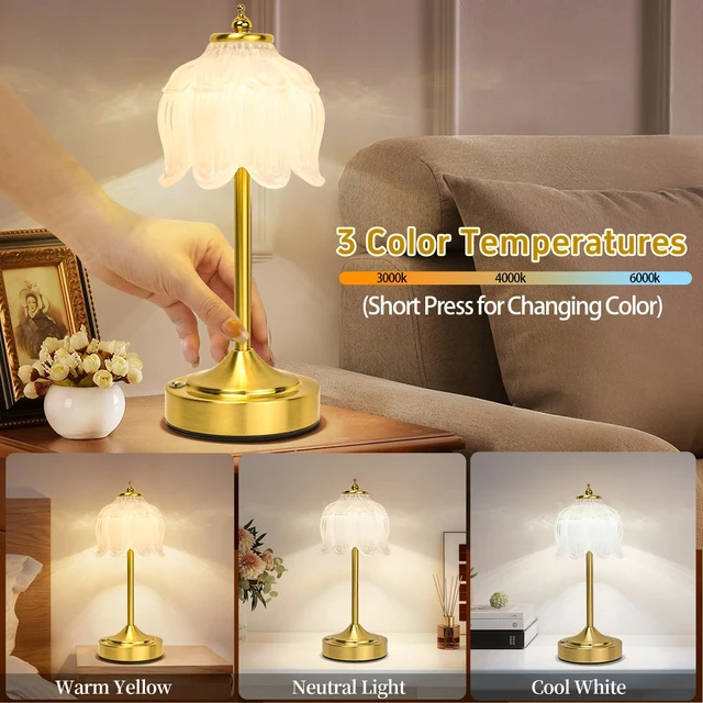 Alt view image 3 of 7 - Crkwos Cordless Table Lamp, Rechargeable White Glass Lotus Flower Lamp | 5200mAh touch lamp with 3 color modes and stepless dimming, battery operated lamp for nightstands and kitchen counters