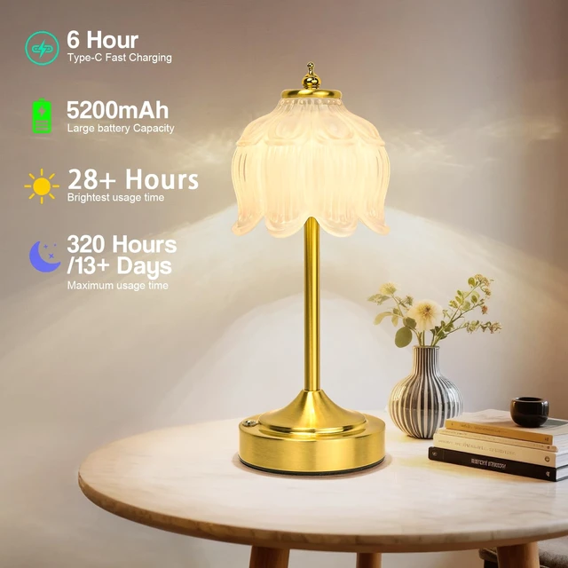 Alt view image 4 of 7 - Crkwos Cordless Table Lamp, Rechargeable White Glass Lotus Flower Lamp | 5200mAh touch lamp with 3 color modes and stepless dimming, battery operated lamp for nightstands and kitchen counters