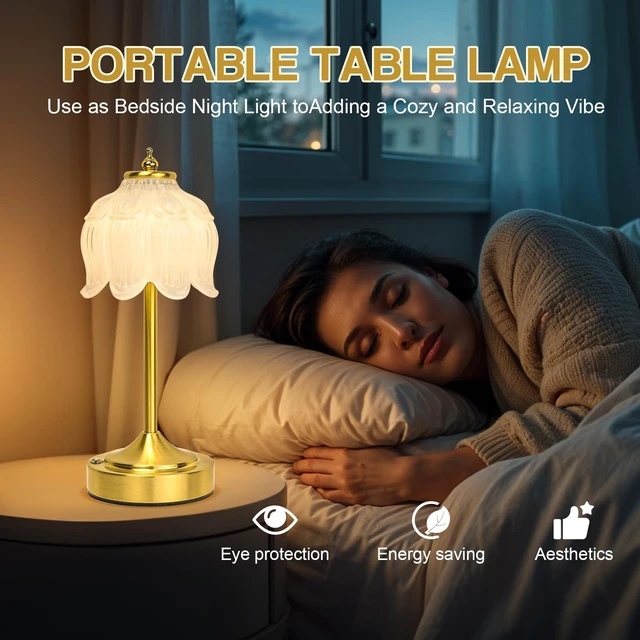 Alt view image 6 of 7 - Crkwos Cordless Table Lamp, Rechargeable White Glass Lotus Flower Lamp | 5200mAh touch lamp with 3 color modes and stepless dimming, battery operated lamp for nightstands and kitchen counters