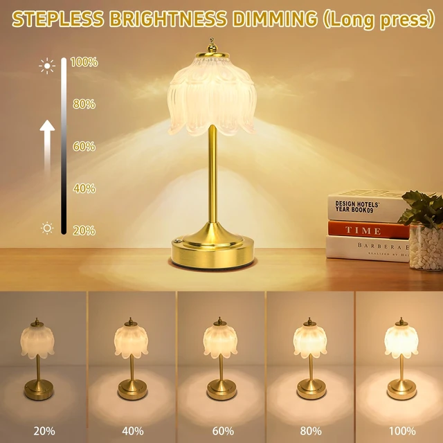 Alt view image 5 of 7 - Crkwos Cordless Table Lamp, Rechargeable White Glass Lotus Flower Lamp | 5200mAh touch lamp with 3 color modes and stepless dimming, battery operated lamp for nightstands and kitchen counters