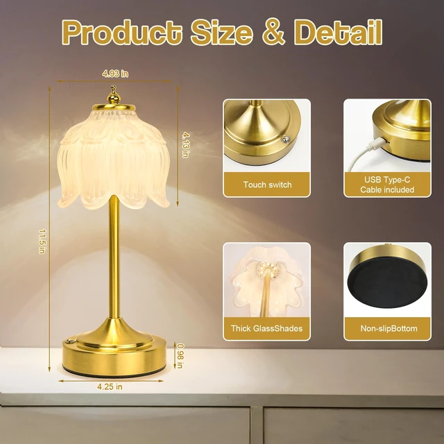 Alt view image 7 of 7 - Crkwos Cordless Table Lamp, Rechargeable White Glass Lotus Flower Lamp | 5200mAh touch lamp with 3 color modes and stepless dimming, battery operated lamp for nightstands and kitchen counters