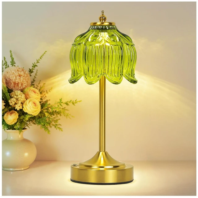 Main image of Crkwos Cordless Table Lamp, Rechargeable Green Glass Lotus Flower Lamp | 5200mAh touch lamp with 3 color modes and stepless dimming, battery operated lamp for nightstands and kitchen counters