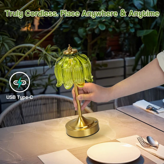 Alt view image 2 of 7 - Crkwos Cordless Table Lamp, Rechargeable Green Glass Lotus Flower Lamp | 5200mAh touch lamp with 3 color modes and stepless dimming, battery operated lamp for nightstands and kitchen counters