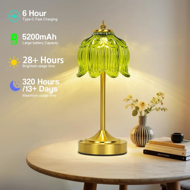 Alt view image 4 of 7 - Crkwos Cordless Table Lamp, Rechargeable Green Glass Lotus Flower Lamp | 5200mAh touch lamp with 3 color modes and stepless dimming, battery operated lamp for nightstands and kitchen counters