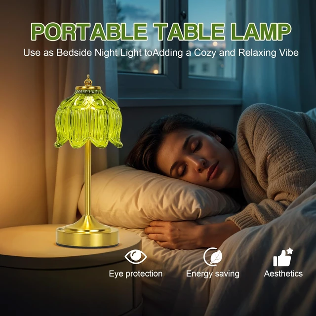 Alt view image 6 of 7 - Crkwos Cordless Table Lamp, Rechargeable Green Glass Lotus Flower Lamp | 5200mAh touch lamp with 3 color modes and stepless dimming, battery operated lamp for nightstands and kitchen counters