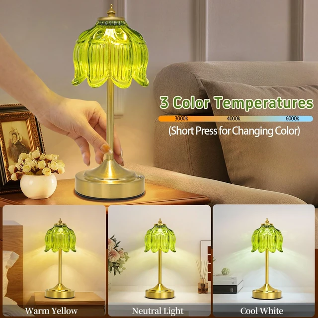 Alt view image 3 of 7 - Crkwos Cordless Table Lamp, Rechargeable Green Glass Lotus Flower Lamp | 5200mAh touch lamp with 3 color modes and stepless dimming, battery operated lamp for nightstands and kitchen counters