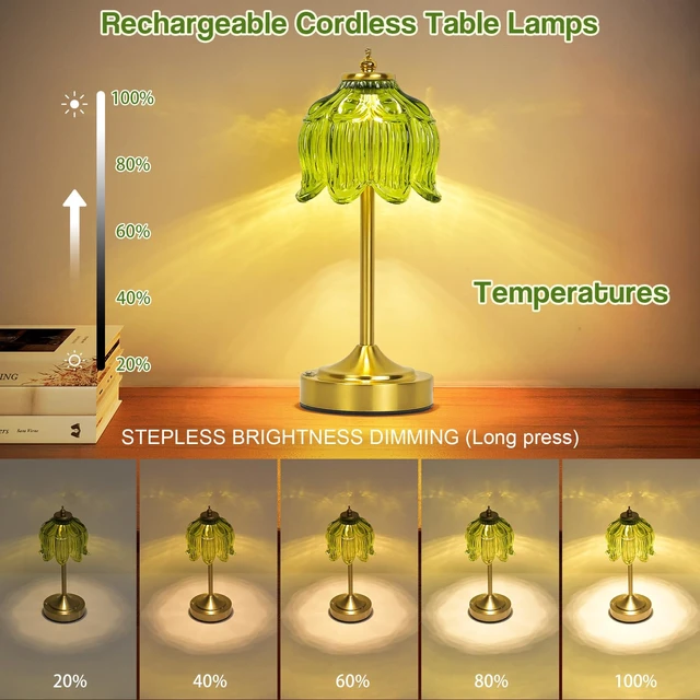 Alt view image 5 of 7 - Crkwos Cordless Table Lamp, Rechargeable Green Glass Lotus Flower Lamp | 5200mAh touch lamp with 3 color modes and stepless dimming, battery operated lamp for nightstands and kitchen counters