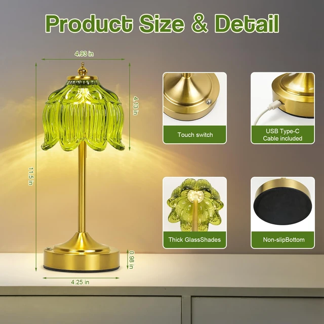 Alt view image 7 of 7 - Crkwos Cordless Table Lamp, Rechargeable Green Glass Lotus Flower Lamp | 5200mAh touch lamp with 3 color modes and stepless dimming, battery operated lamp for nightstands and kitchen counters
