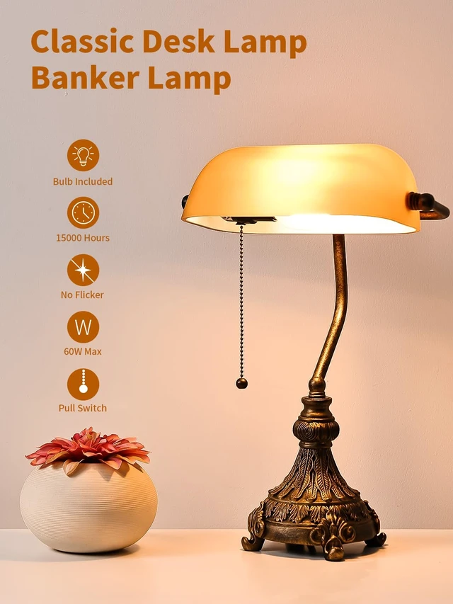 Alt view image 4 of 7 - Newrays Vintage Amber Glass Bankers Desk Lamp,LED Bulb Included | Home Office Library with Pull Chain Switch Plug in Fixture