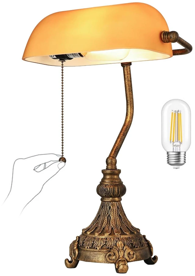 Main image of Newrays Vintage Amber Glass Bankers Desk Lamp,LED Bulb Included | Home Office Library with Pull Chain Switch Plug in Fixture