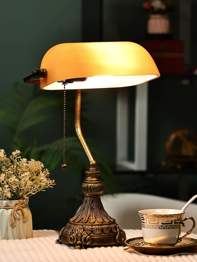Alt view image 3 of 7 - Newrays Vintage Amber Glass Bankers Desk Lamp,LED Bulb Included | Home Office Library with Pull Chain Switch Plug in Fixture