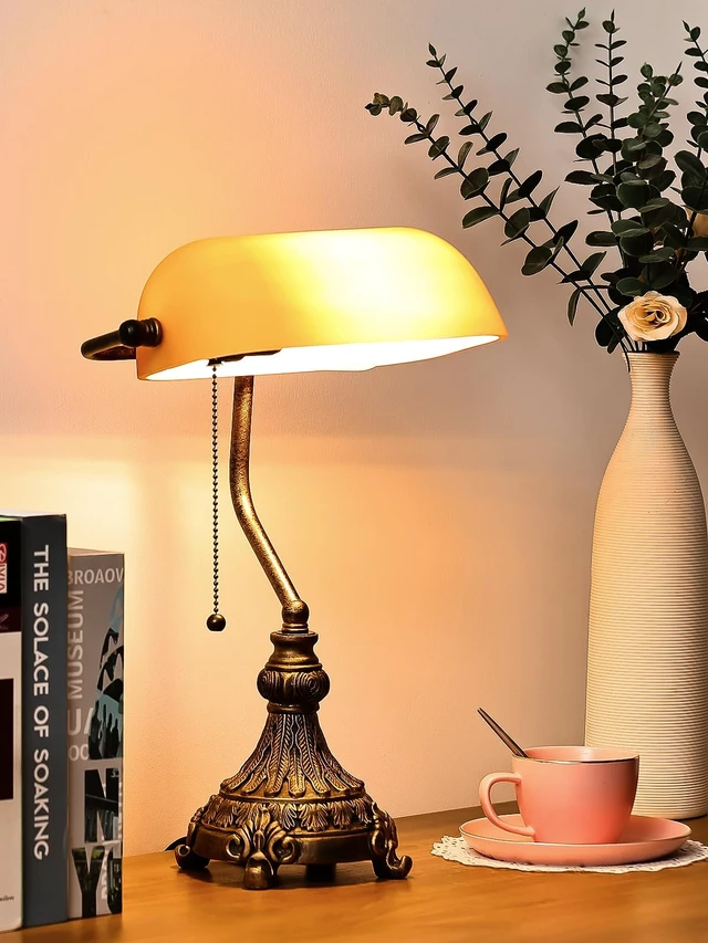 Alt view image 2 of 7 - Newrays Vintage Amber Glass Bankers Desk Lamp,LED Bulb Included | Home Office Library with Pull Chain Switch Plug in Fixture